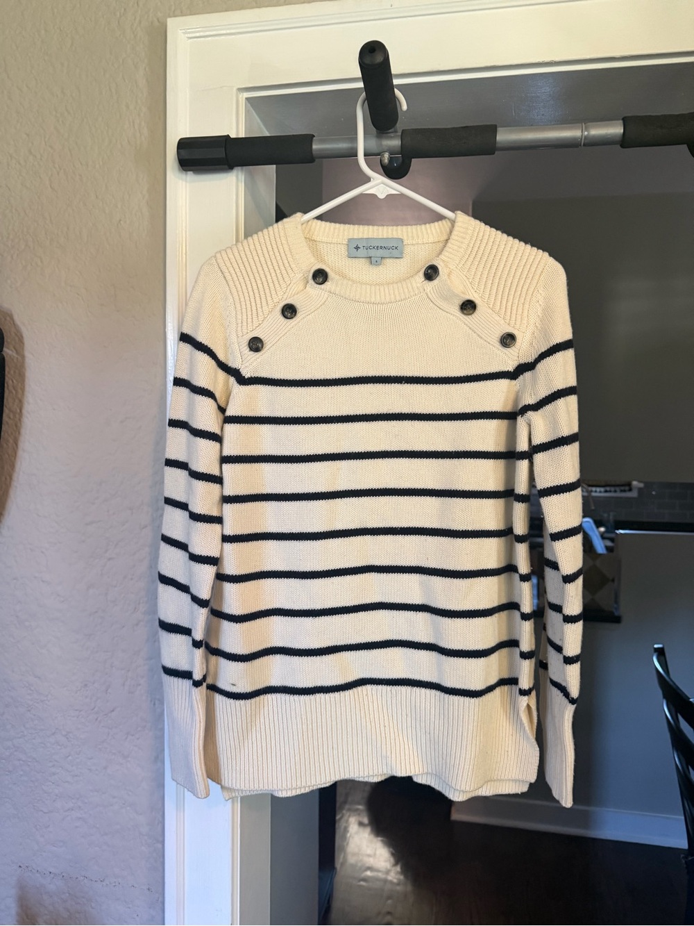 Tuckernuck Cream Navy Striped Button-Detail Sweater